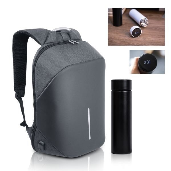 סט הכולל: 
בקבוק נירוסטה ML480 תרמי בשילוב צג דיגיטלי + 
תיק גב קשיח יוקרתי למחשב נייד.